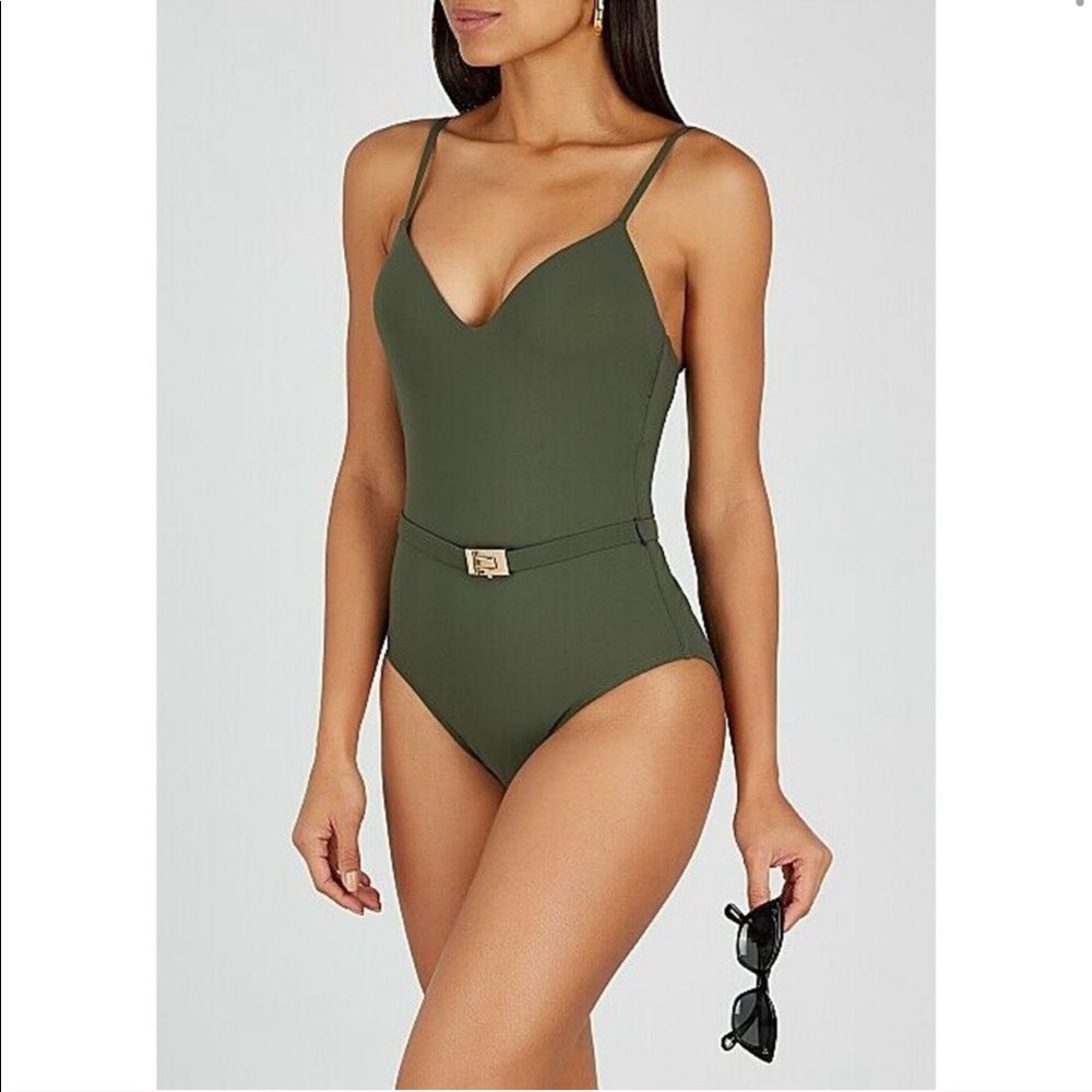 Tory Burch Belted One-piece Swimsuit In Olive